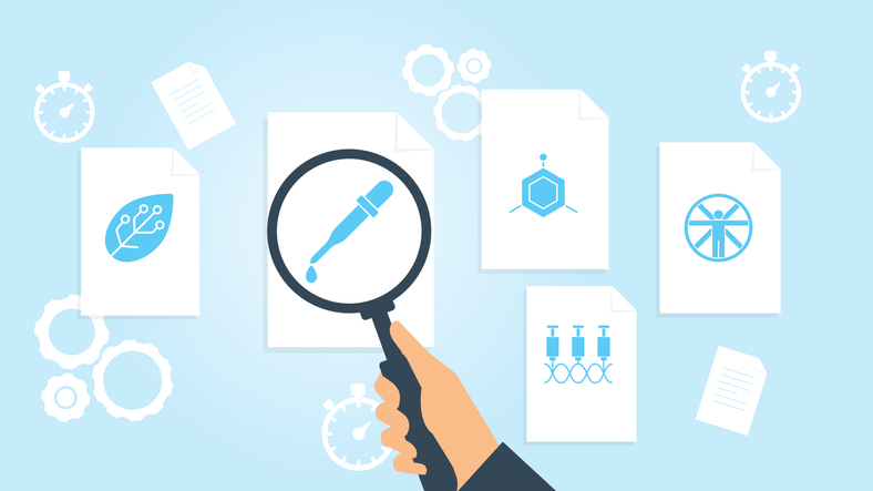 magnifying glass and research-oriented illustratins