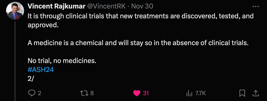 tweet on X (Twitter) from Dr. Vincent Rajkumar